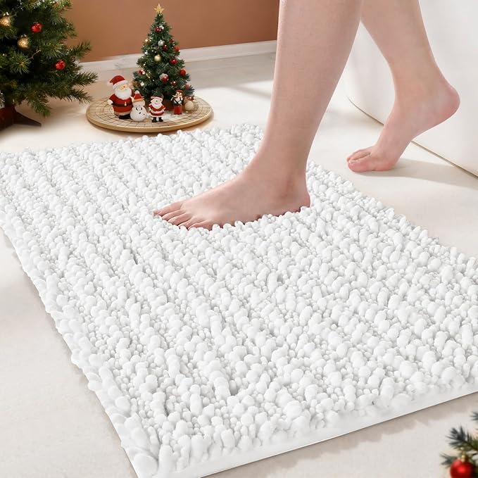Yimobra Bathroom Rugs Non Slip Washable - Ultra Soft Absorbent Chenille Bath Mat, Quick Dry Shaggy Floor Carpet for Tub Shower, White Home Decor Accessories, 24x17 Inch