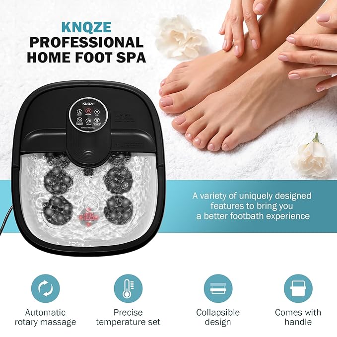 KNQZE Collapsible Foot Spa Electric Foot Bath with Heat, Bubble, Remote, 24 Motorized Shiatsu Massage Balls. Pedicure Soaking tub for Feet Stress Relax (Black)