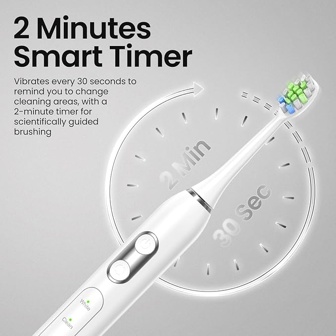 YUNCHI Sonic Electric Toothbrush for Adults Teens, Rechargeable Battery Toothbrush with 8 Brush Heads, 90 Days, 44000 VPM Powerful Motor, 5 Models & 2 Minutes Built in Smart Timer, Travel Case,White