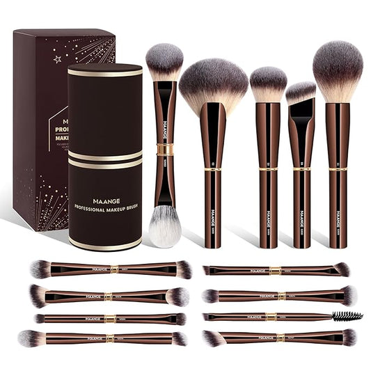 MAANGE 13Pcs Makeup Brushes with Case, Professional Brochas De Maquillaje for Face & Eyes, Soft Synthetic Foundation Powder Blush Eyeshadow Brush Kit with Gift Box,CoffeeBrown