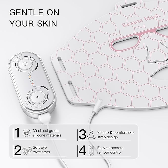 Red Light Therapy for Face, LED Face Mask Infrared Light Anti-Aging, 3 Modes for Blue & Yellow LED for Home, Yoga, Skincare, 2500mAh Rechargeable Remote Control, Adjustable Straps, Silicone