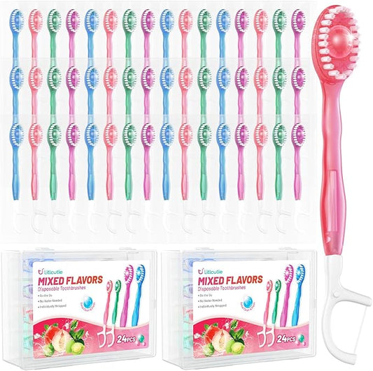 48 Pack 5-in-1 Disposable Toothbrushes with Toothpaste, Floss, Pick & Tongue Scraper, Portable Mini Toothbrush Travel Set for Kids Adults, Individually Wrapped, Work Camping, Mixed Flavor