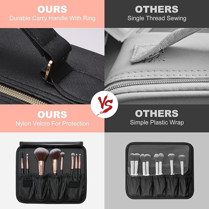 Mocado Travel Makeup Bag with LED Lighted Mirror,Travel Makeup Organizer, Makeup Case with 8 Makeup Brushes and 10x Magnifying Mirror, 3 Color Lighting, Adjustable Divider Makeup Box(Black Lozenge)