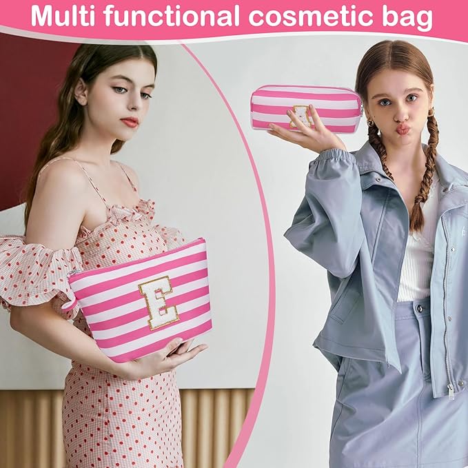 Initial Makeup Bag Personalized Stripe Cosmetic Bag Cute Waterproof Travel Toiletry Bag Birthday Gifts for 10 11 12 13 14 15 16 Years Old Teen Girl Gift Trendy Stuff (Pink H)