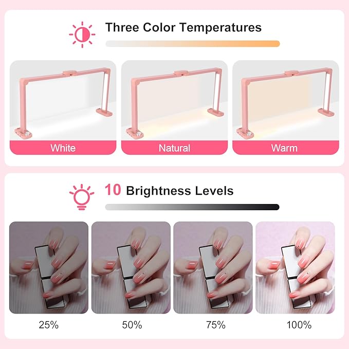 34in Half Moon Light for Nail Desk, Foldable LED Lamp for Nail Art, Tattooing, Craft Making, Stepless Dimming, 3000-6000K Color Temperature Adjustment, 456 Light Beads, Pink