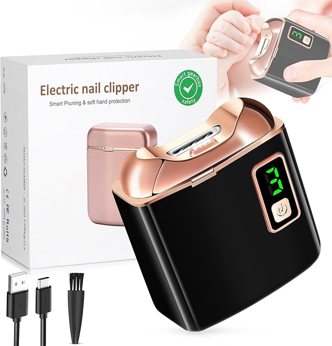 Electric Nail Clipper with LED Light, USB Rechargeable Nail Trimmer, 3-Speed Fingernail Manicure for Baby, Kids, Seniors, and Adults - Perfect for Elderly Nail Care (Black)