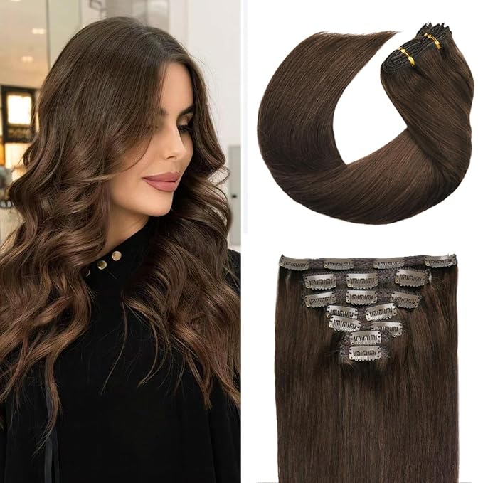 20" Clip in Human Hair Extensions Full Head 180g 7 Pieces 16 Clips 4# Chocolate Brown Double Weft Brazilian Real Remy Hair Extensions Thick Straight Silky (20" 180g, Chocolate Brown)