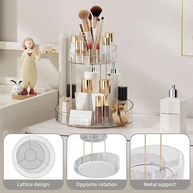 2 tier Makeup Organizer Countertop,360 Rotating Makeup Organizer for Skincare, Lipstick and Perfumes,Multi-function Cosmetic Display Cases for Vanity,Bathroom,Transparent