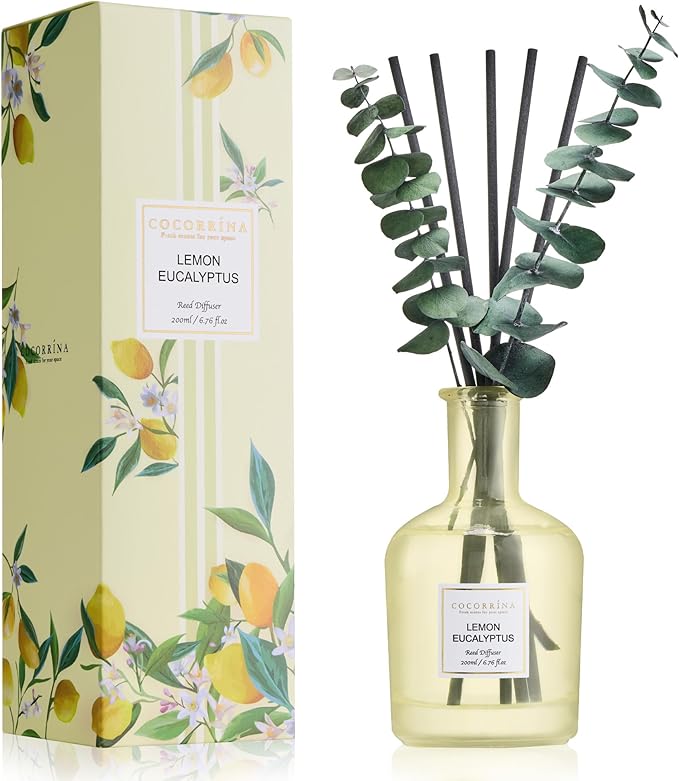 COCORRÍNA Lemon Eucalyptus Reed Diffuser – 6.76 oz Essential Oil with Sticks & Dried Eucalyptus Branches, Home Fragrance for Bedroom or Bathroom Décor