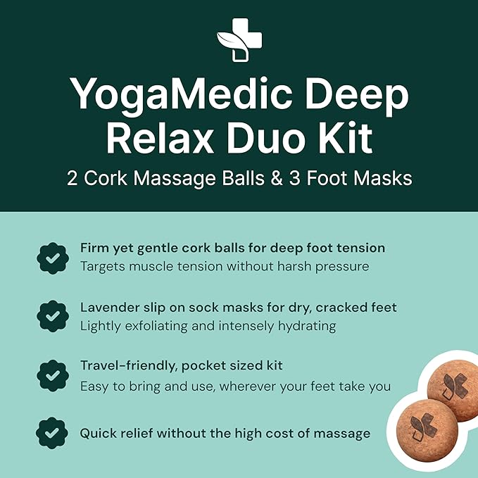 YogaMedic 3 Foot Masks for Dry Cracked Feet & 2 Cork Balls for Massage - Set of Exfoliating & Hydrating Feet Mask & Lightweight Trigger Point Yoga Balls, Foot Peeling Mask & Exercise Ball, Women & Men