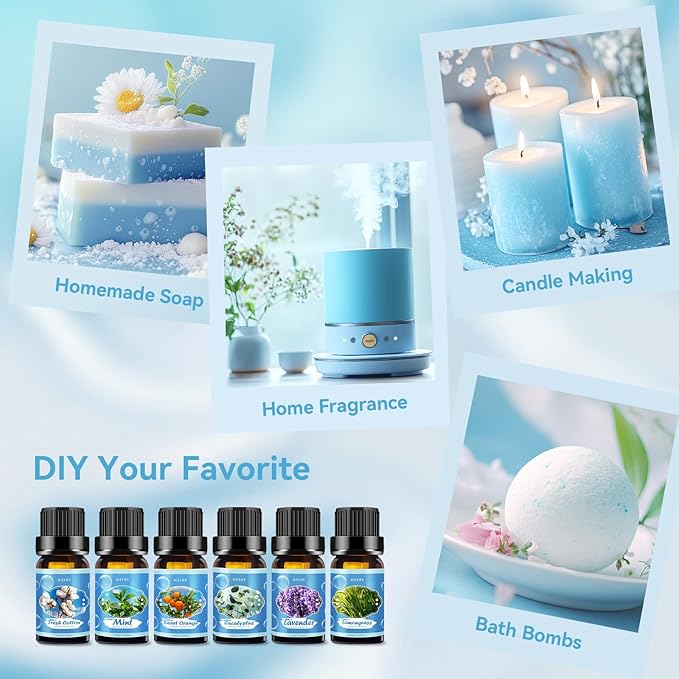 Clean Essential Oils Set for Diffuser & Candle Making | 6 Pack Premium Aromatherapy Oils Gift Set - Lavender, Eucalyptus, Mint, Sweet Orange, Lemongrass, Clean Cotton for Home