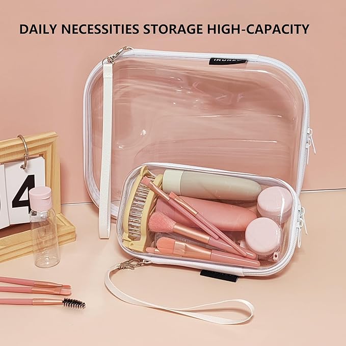 3 PCS Clear Hard Shell Zipper Case With Handle Strap，Clear Plastic Waterproof Cosmetic Makeup Bags Toiletry Pouches for Travel With Double Zipper，Kid's Toy Storage Organizer Bins Box