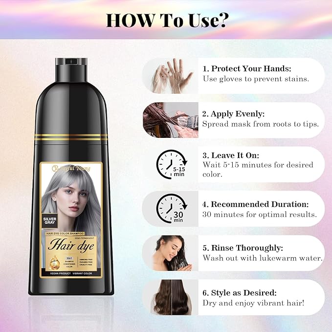 Natural Color Hair Dye Shampoo 3 IN 1, Instant Hair Coloring, Gray Coverage for Men & Women, Beard Dye Vegan Ammonia Free & Paraben-Free, Champú Para Canas Mujer & Hombre (SILVER GRAY)