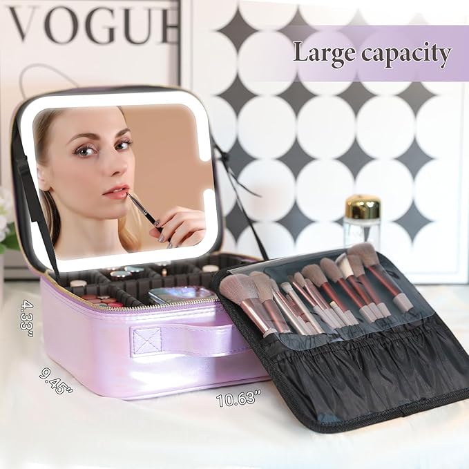 Travel Makeup Bag with LED Lighted Mirror, Cosmetic Makeup Organizer Bag with 3 Color Setting, Makeup Train Case with Adjustable Dividers for Women Makeup Brushes Jewelry Accessories