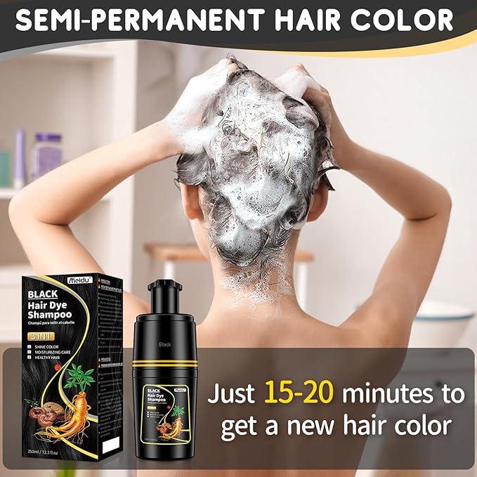 Black Hair dye Shampoo 3 in 1, Natural Hair Color Shampoo for Gray Hair, Tinte Para el Cabello for Women and Men 100% Grey Coverage, 350ml