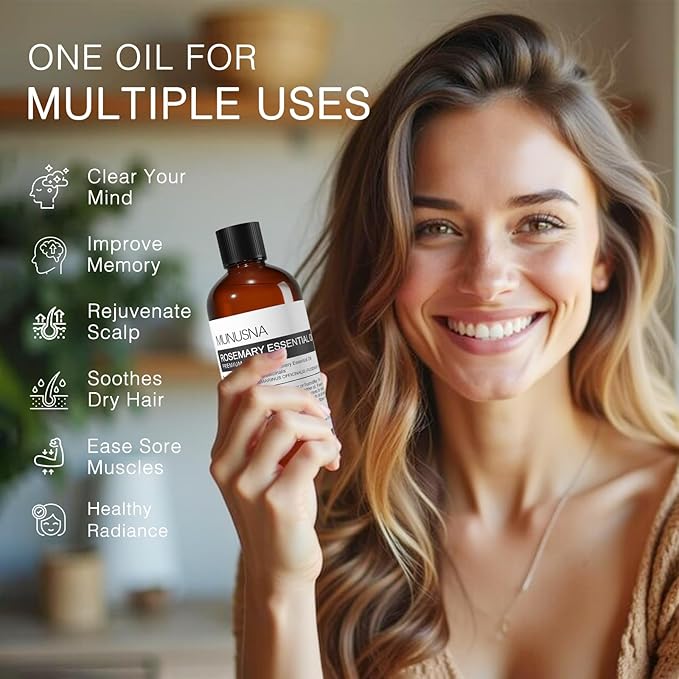 Rosemary Essential Oil 100ML, 100% Pure Rosemary Oil for Hair Growth, Premium Grade Aromatherapy Oils for Skin Care, Body Massage, Diffuser, Soap and Candle Making