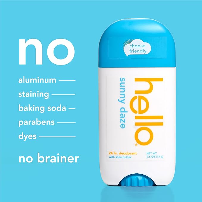 hello Sunny Daze Aluminum Free Deodorant for Women and Men with Shea Butter, 24-Hour Freshness, Baking Soda Free Deodorant, Dermatologically Tested, 2.6 oz Stick, 2 pack