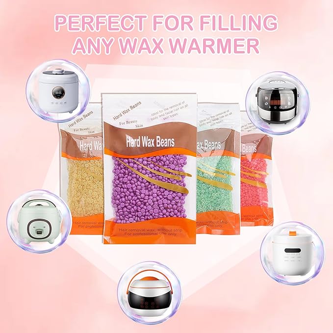 4 Packs Hard Wax Beads for Hair Removal,Gentle Waxing Beads for Full Body,Face,Underarm,Bikini and Legs,Long Lasting Hair Removal Waxing Kit with 10 Wax Scraper Sticks