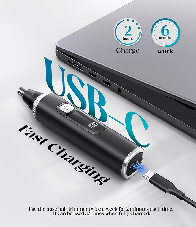 Nose Hair Trimmer for Men and Women, Type-C Rechargeable Precision Groomer with Double-Edged Blades, Painless & IPX7 Waterproof Design for Nose, Ears, Eyebrows and Facial Hair