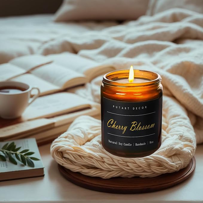 Cherry Blossom Highly Scented Candle for Home, 9oz Natural Soy Aromatherapy Non Toxic Candles with Essential Oil, Home Fragrance Stress Relief & Meditation Jar Candles Gifts for Women & Men