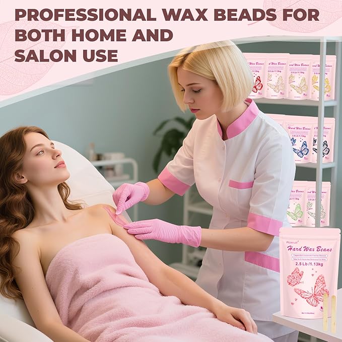 Wax Beads for Sensitive Skin Hair Removal - 2.5lb Hard Wax Pearls with 20 Sticks for Brazilian, Bikini, Back, and Chest, Painless Refill for Waxing Kit (Chamomile)