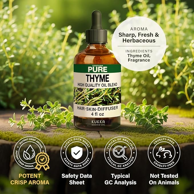 KUKKA Thyme Essential Oils - 4 Fl Oz - for Hair, Skin, Diffuser, Aromatherapy & DIY Soap Making Scent