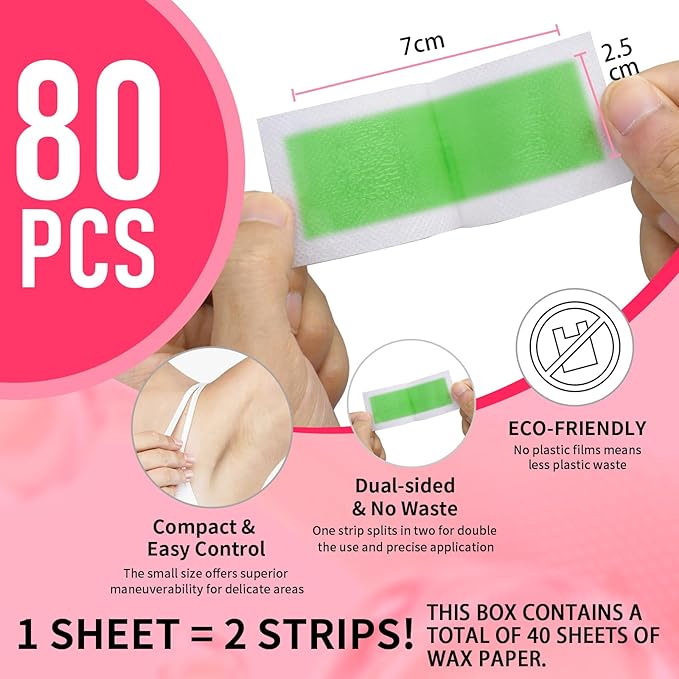 80PCS Wax Strips for Hair Removal, Waxing Kit for Women, Eyebrow Wax Strips & Facial Hair Removal, Sensitive Skin Friendly, Multi-Use on Face, Legs, Bikini Area, Long-Lasting Smoothness