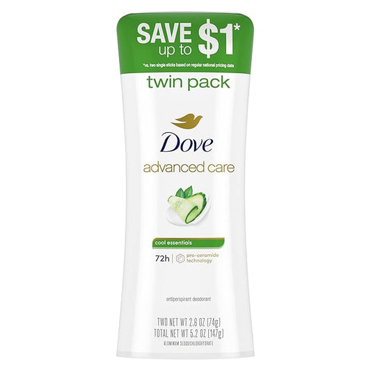 Dove Advanced Care Anti Deo Stick Cool Essentials Twin Pack for helping your skin barrier repair after shaving 72 h odor control and all-day sweat protection with Pro Ceramide Technology 2.6 oz