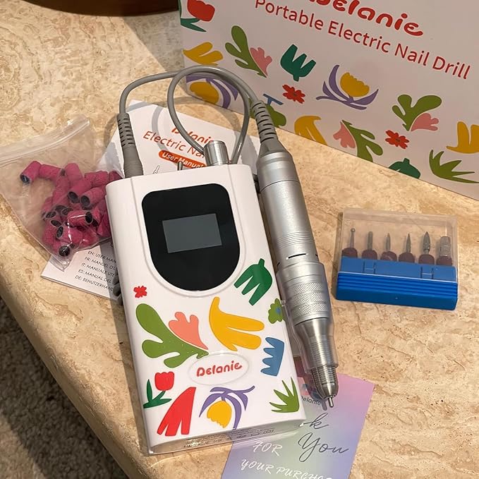 Delanie Professional Nail Drill High Torque 35000 RPM Rechargeable Portable Electric Nail File Filer for Acrylic Gel with Cuticle Bits, Salon Manicure Tool, Matisse White