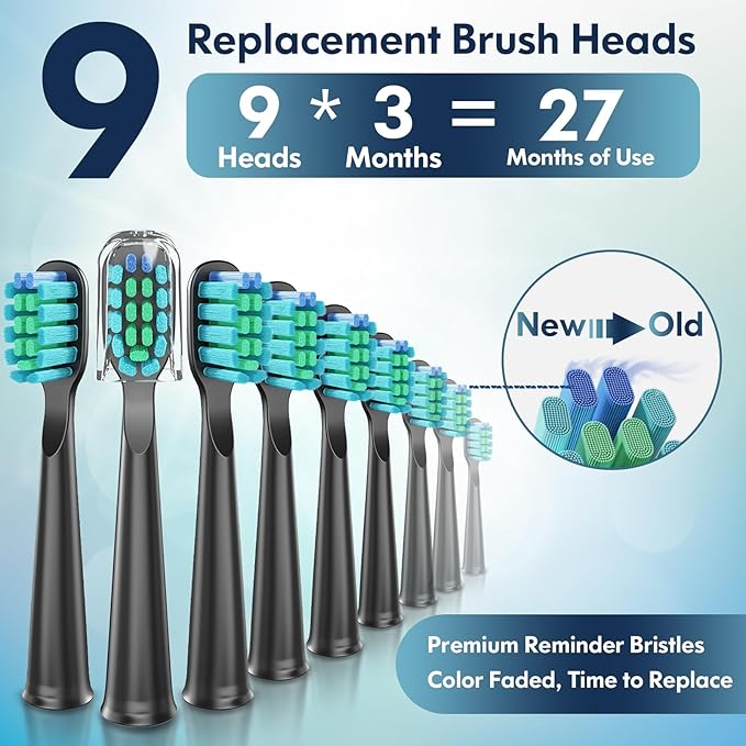 Ultrasonic Toothbrush for Adults Sonic Toothbrush, 9 Brush Heads, 5 Cleaning Modes, 4-Hour Charge Lasts 60 Days Electric Toothbrush (Black)