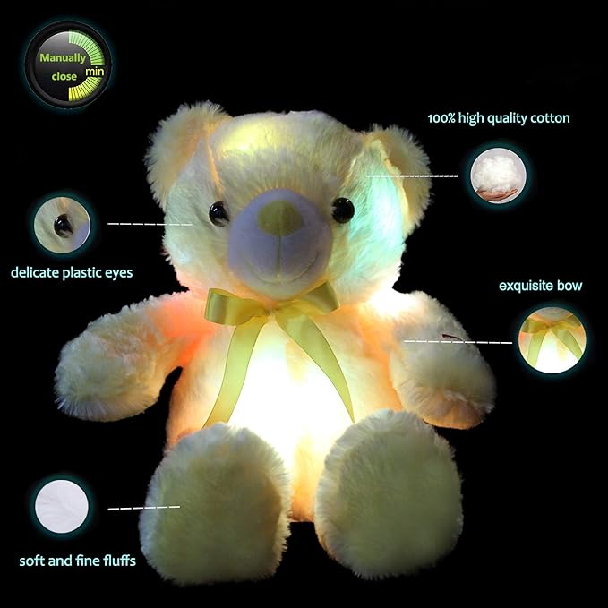 LED Teddy Bears Stuffed Animals, Cute Yellow Glow Bear Plush Toys Creative Colorful Luminous Light Up Doll Gifts for Bedroom, Kids, Baby, Valentine,18 inch
