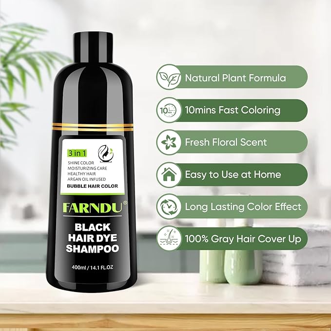 FARNDU Black Hair Dye Shampoo for Gray Hair Coverage - 3 In 1 Hair Color Shampoo for Women & Men with Herbal Ingredients | Champu Con Tinte Para Canas
