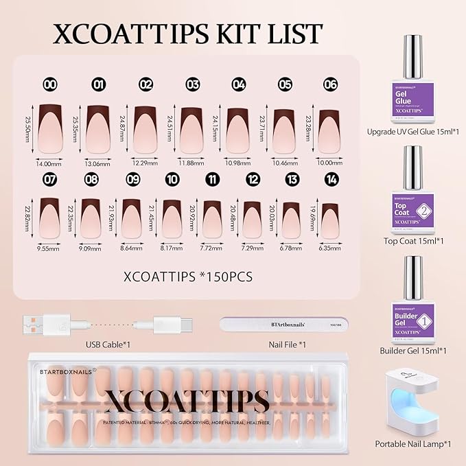 BTArtboxnails XCOATTIPS Nails Press Ons - Skin Tones Press on Nails Square, Long Soft Gel Nail Tips with Nail Gel, French Protecting Duo, Nail Lamp, All in One Fake Nail Extension Kit