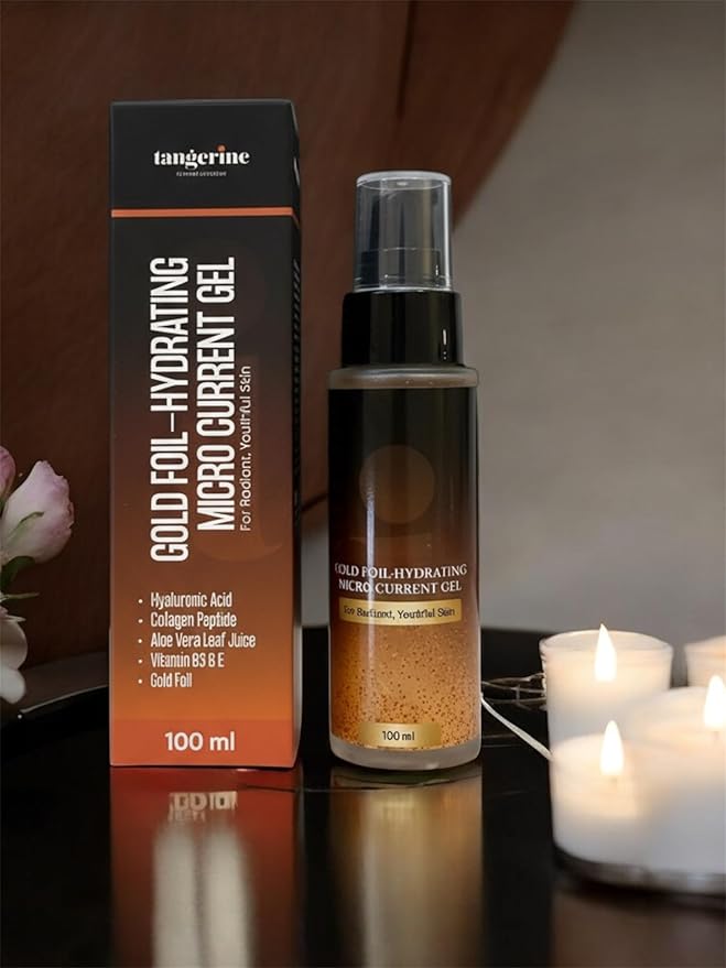 Microcurrent Gel for face moisturising and skincare facial Hydrating solution with gold foil, hylurionic acid, Vit B3,E and alovera Juice