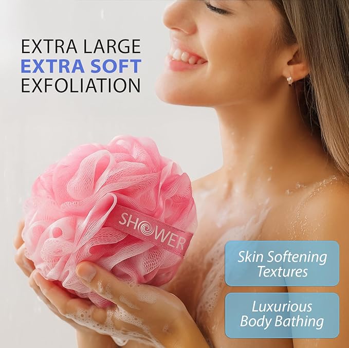 SHOWER BOUQUET Pink-Loofah Bath-Sponge XL 4-Pack // Extra Large 75g Soft Mesh Net Pink Loofa Loufa Luffa Lufa Puff Set/Exfoliating Body Scrubber for Women and Men - Exfoliate & Soothe Face & Body