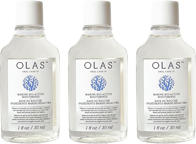 Olas Alcohol Free Mouthwash & Oral Rinse - Marine Bio-Active Mouth Rinse with Essential Oils & Antioxidants for a Healthy Oral Microbiome - Fluoride Free Natural Mouthwash (3 Count, 1 Fl Oz Each)