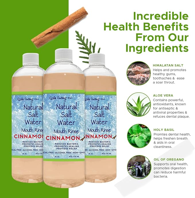 3 Pack Natural Saltwater Mouth Rinse | Himalayan Pink Salt Water Oral Rinse | Organic Cinnamon Flavor Fluoride & Alcohol Free Mouthwash for Fresh Breath | Natural Gum Care Mouthwash-16 FL Oz