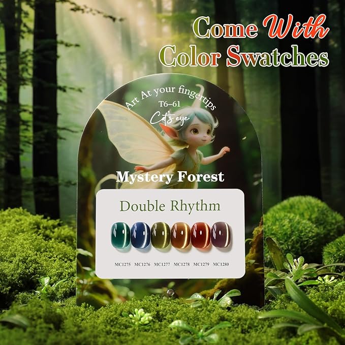 Double Rhythm Cat Eye Gel Nail Polish Set of 6 Same Color Same Bottle 0.5 Oz Shimmer Glitter with Magnet Holographic Reflective Magnetic UV Nail Polish Kit at Home (Green Navy Blue Black-T6-61)