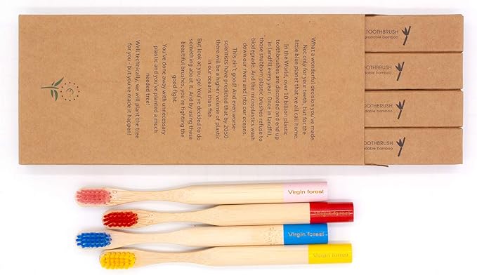 Virgin Forest Kids Bamboo Toothbrushes, Child Size Soft BPA Free Colored Safe Bristles (4 Pack)