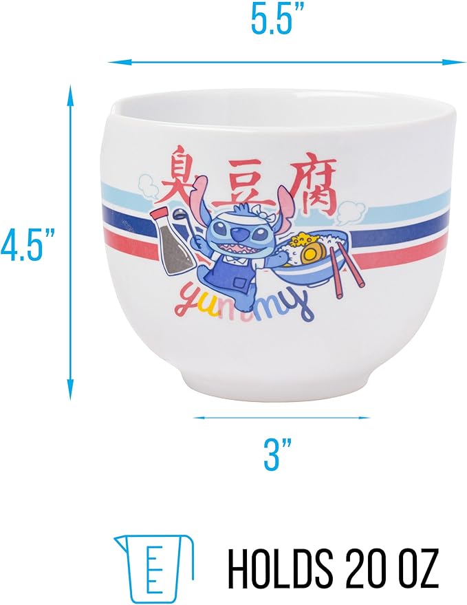 Silver Buffalo Lilo and Stitch Yummy Ceramic Ramen Noodle Rice Bowl with Chopsticks, Microwave Safe, 20 Ounces