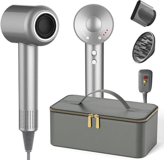 Hair Dryer with Carry Case, 160000 RPM Professional High-Speed Ionic Blow Dryer 200 Millions Negative Ionic & 3 Speeds & 3 Temps & Low Noise, Hairdryer with Diffuser for Faster Drying, Gray