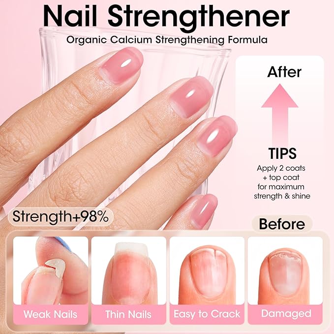 GELLEN 4-In-1 Clear Nail Polish Base Coat Dusty Pink Tint, Sheer Rose Ridge Filler For Nails, Nail Strengthener Concealer, Calcium Formula Smoothes Strengthens Nails, Enhances Natural Look, HEMA Free