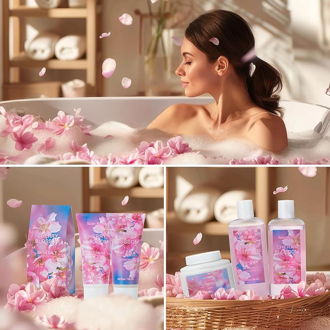 Bath & Body Gift Set, Luxury Home Spa Bath Gift Basket, Cherry Blossom spa kit for women,bath basket Christmas Gifts for Women & Teens, 12 Pcs Bath Spa Kit for women Body Kit Birthday Gift Christmas