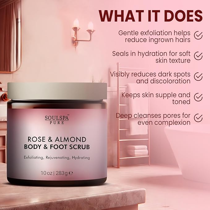 Rose & Almond Body & Foot Scrub - Rejuvenating & Hydrating Exfoliating Body Scrub for Luxurious Skin Care, 10 oz