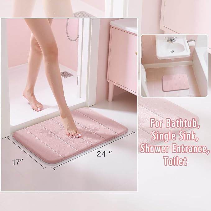Yimobra Pink Bath Mat, Super Soft Absorbent Memory Foam Bathroom Rug Non Slip, Quick Dry, Machine Washable Floor Carpet for Tub Shower, Home Decor Accessories, 24x17