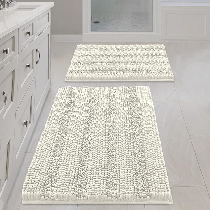 Non Slip Thick Shaggy Chenille Bathroom Rug Mat Set Extra Soft and Absorbent Striped Floor Rugs, 2 Piece, Machine-Washable