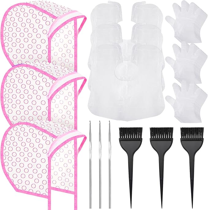 3 Sets Hair Coloring Kit, Includes 3 Pcs of PVC Hair Coloring Caps with 3 Pcs Styling Tools, 3 Pcs Disposable Hair Dye Shawl, 3 Pairs Gloves, 3 Pc Dye Brushes for Dyeing Hair (Pink)