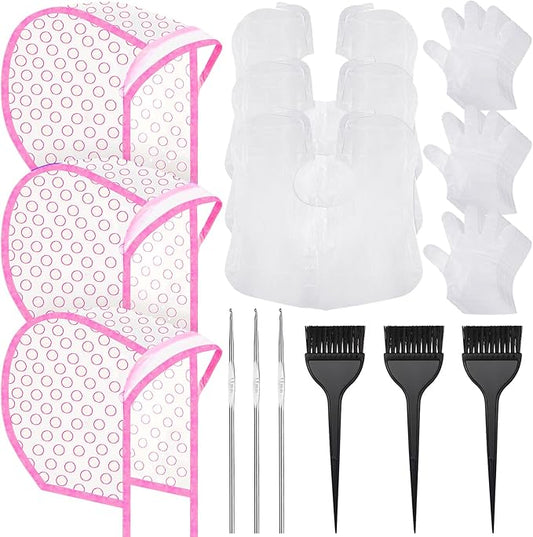 3 Sets Hair Coloring Kit, Includes 3 Pcs of PVC Hair Coloring Caps with 3 Pcs Styling Tools, 3 Pcs Disposable Hair Dye Shawl, 3 Pairs Gloves, 3 Pc Dye Brushes for Dyeing Hair (Pink)