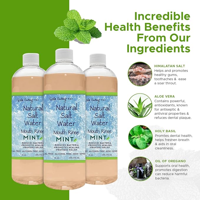3 Pack Natural Saltwater Mouth Rinse | Himalayan Pink Salt Water Oral Rinse | Organic Refreshing Mint Flavor Fluoride & Alcohol Free Mouthwash for Fresh Breath | Natural Gum Care Mouthwash-16 FL Oz