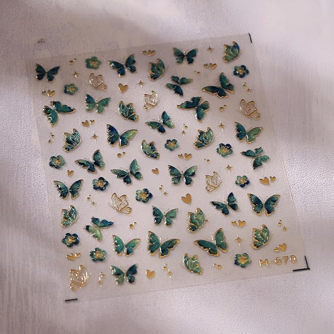 Butterfly Nail Stickers for Nail Art 5D Embossed Flower Nail Art Stickers Green Red Gold Butterfly Nail Decals Self-Adhesive Spring Summer Nail Design for Women Girls 2Sheets